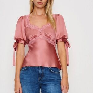 Reformation dolly Pink Satin Lace Trim Top